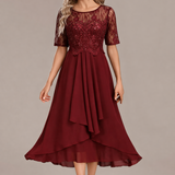 Sophie | Navy Lace Short Sleeve Round Neck Midi Dress