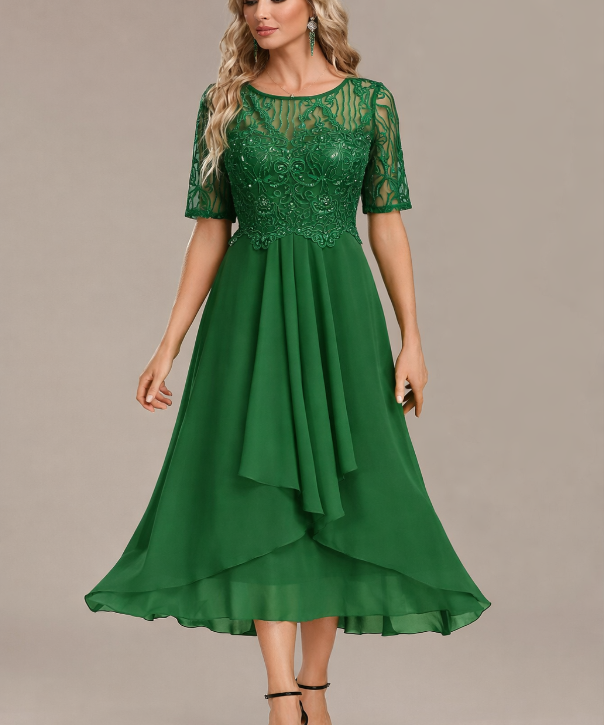 Sophie | Navy Lace Short Sleeve Round Neck Midi Dress