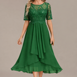 Sophie | Navy Lace Short Sleeve Round Neck Midi Dress