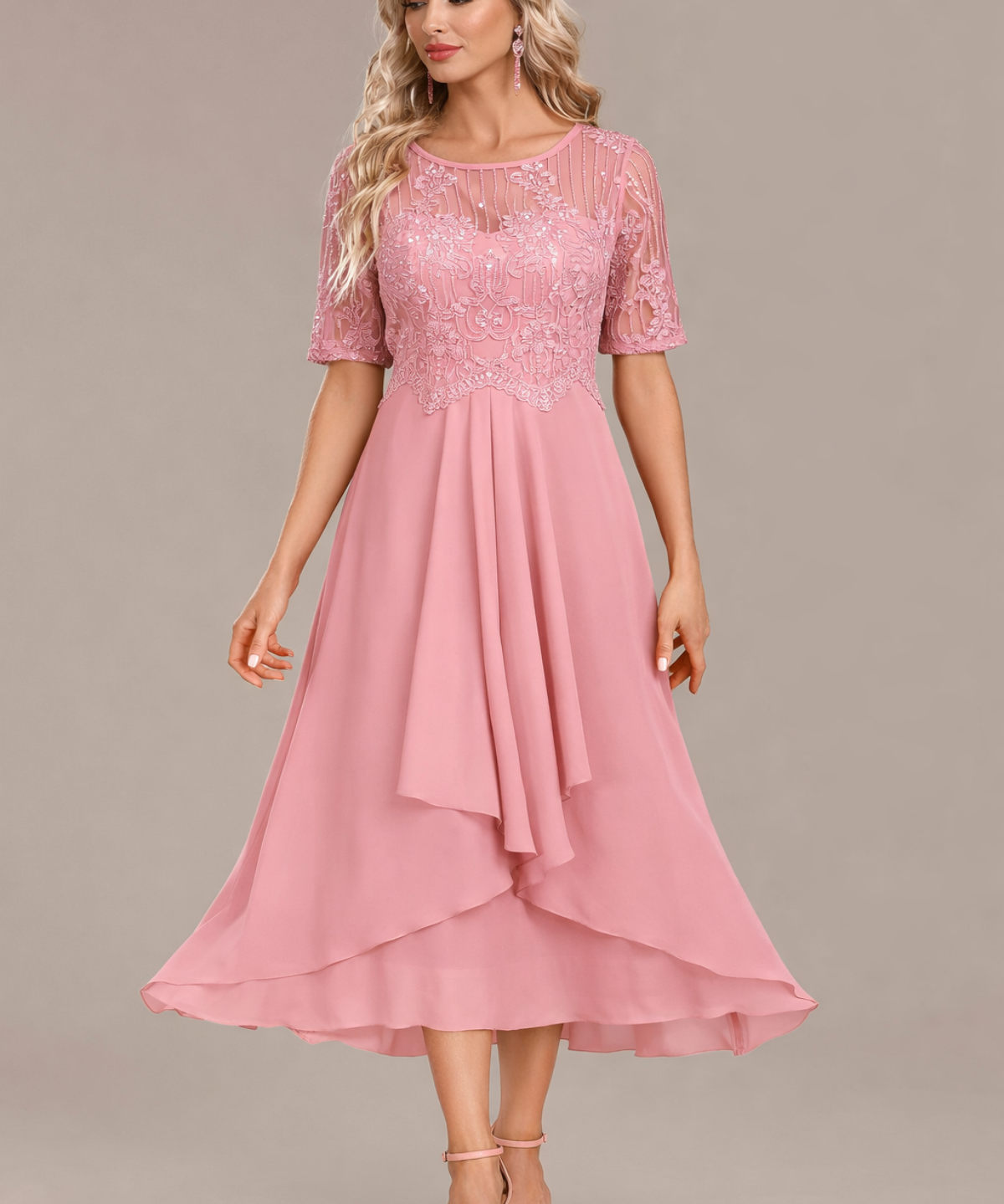 Sophie | Navy Lace Short Sleeve Round Neck Midi Dress