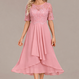 Sophie | Navy Lace Short Sleeve Round Neck Midi Dress