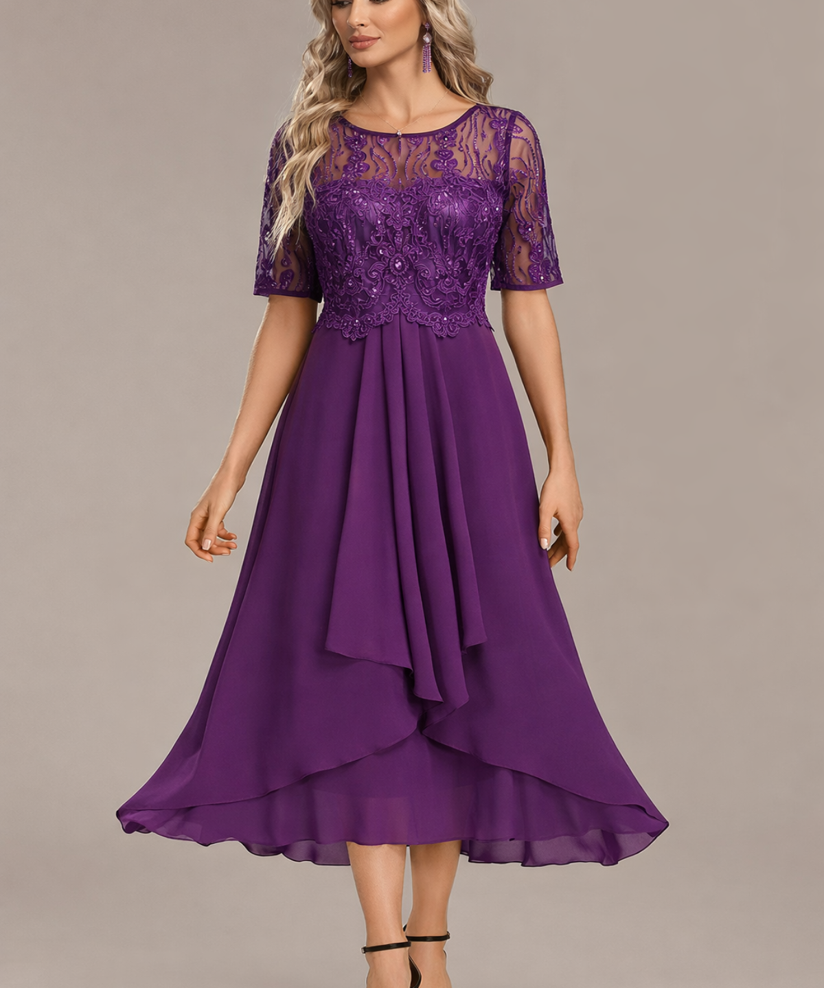 Sophie | Navy Lace Short Sleeve Round Neck Midi Dress