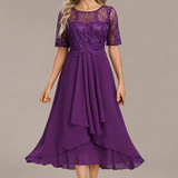Sophie | Navy Lace Short Sleeve Round Neck Midi Dress