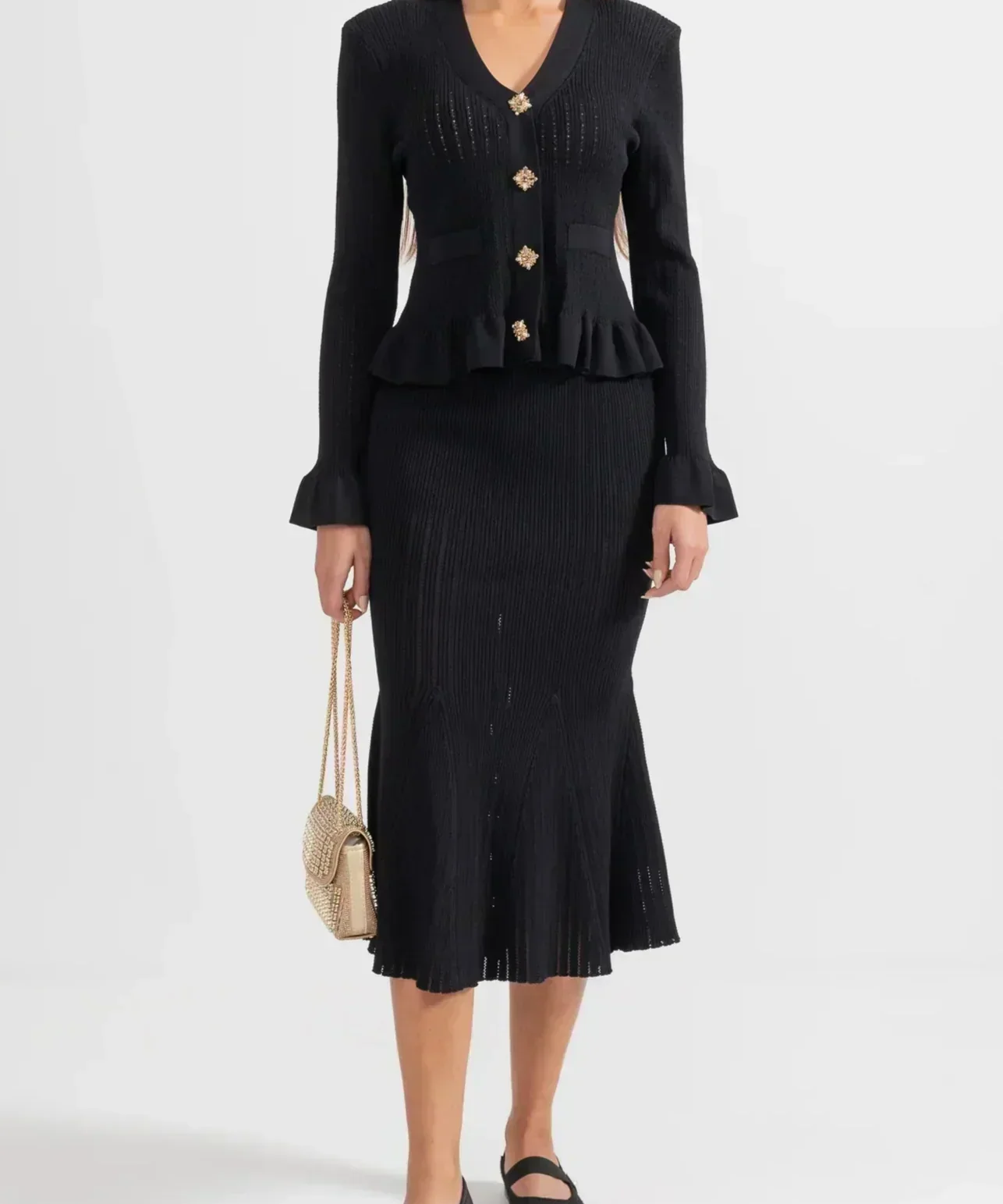 Prudence Knit Ensemble: Ruffled Cardigan and Flared Midi Skirt