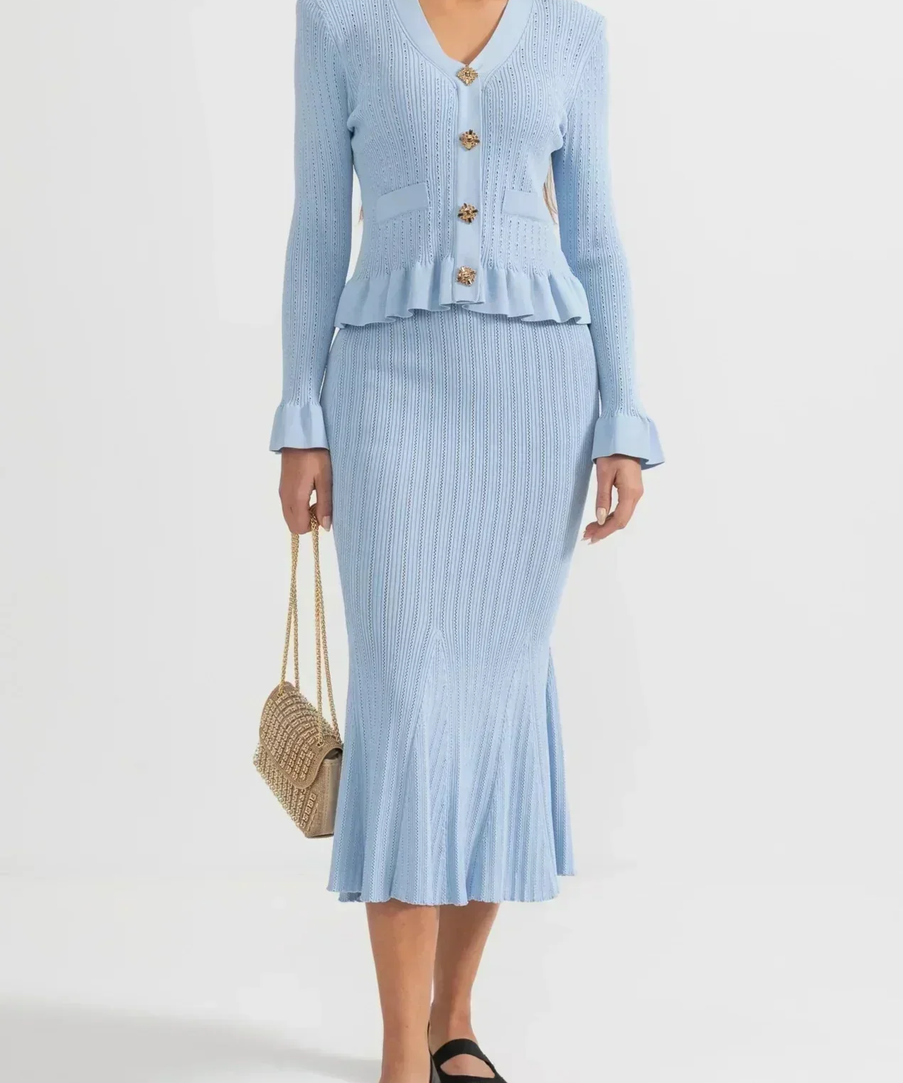 Prudence Knit Ensemble: Ruffled Cardigan and Flared Midi Skirt