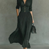 Elvira | Long pleated dress with lapel and high waist