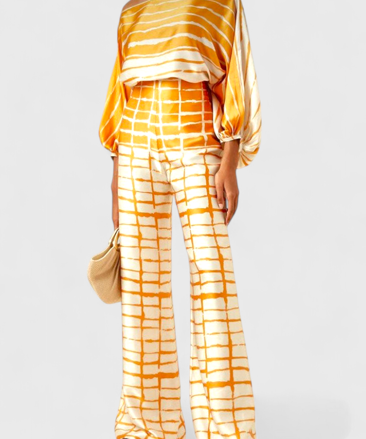 Artistic Print Off-the-Shoulder Top and Wide-Leg Pants Set by Sybella