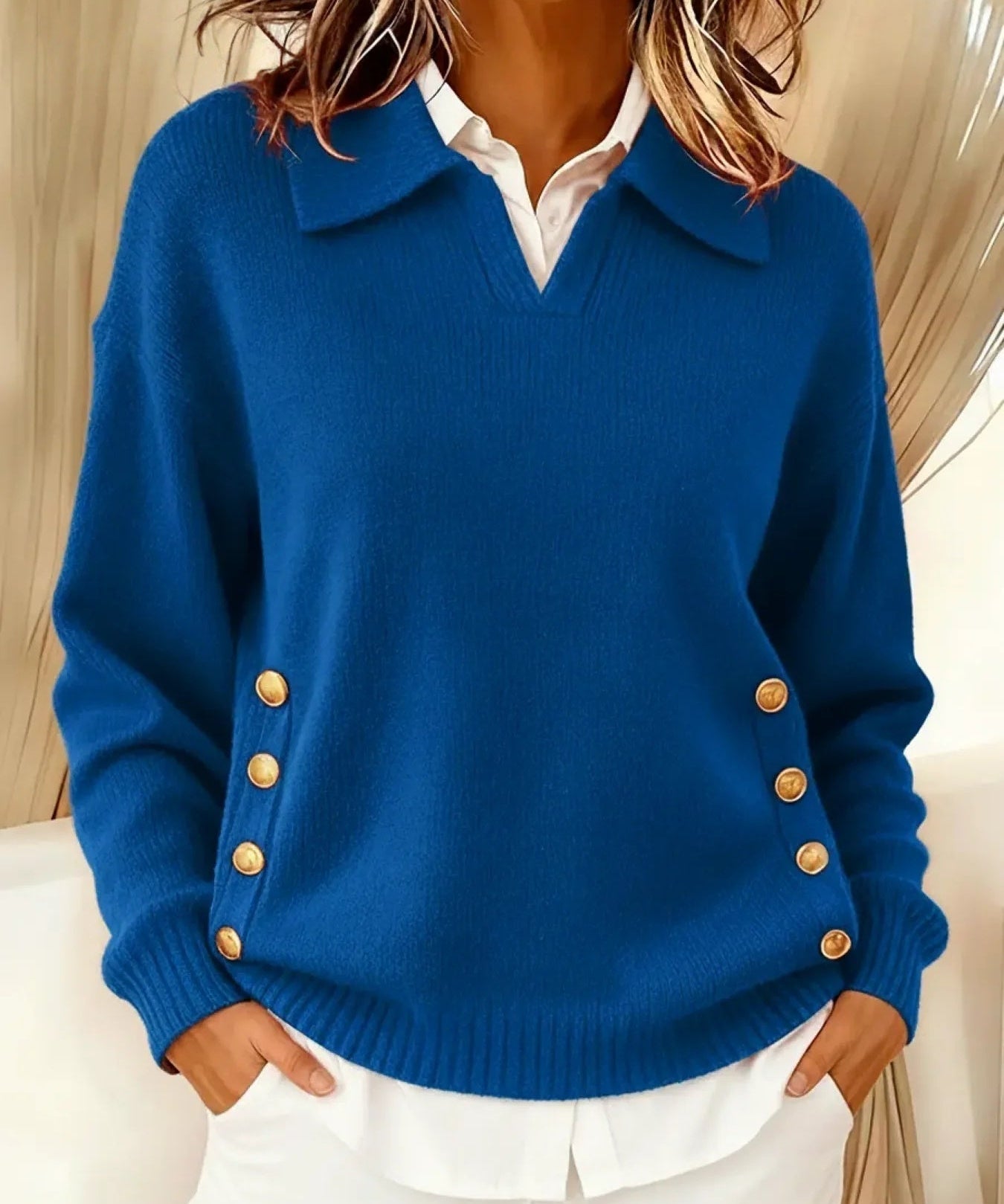 Barbara | Polo Collar Sweater with Gold Buttons
