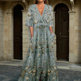Hazel | Elegant V-Neck Belted Boho Maxi Dress