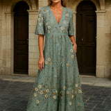Hazel | Elegant V-Neck Belted Boho Maxi Dress