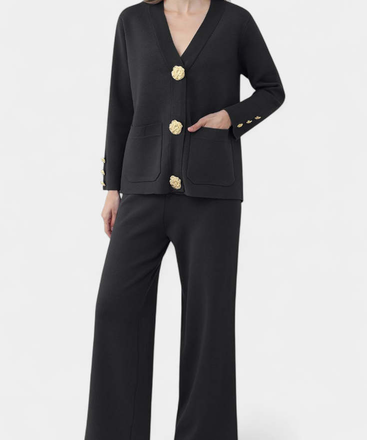 Aireen Classic Cardigan Set with Wide-Leg Trousers