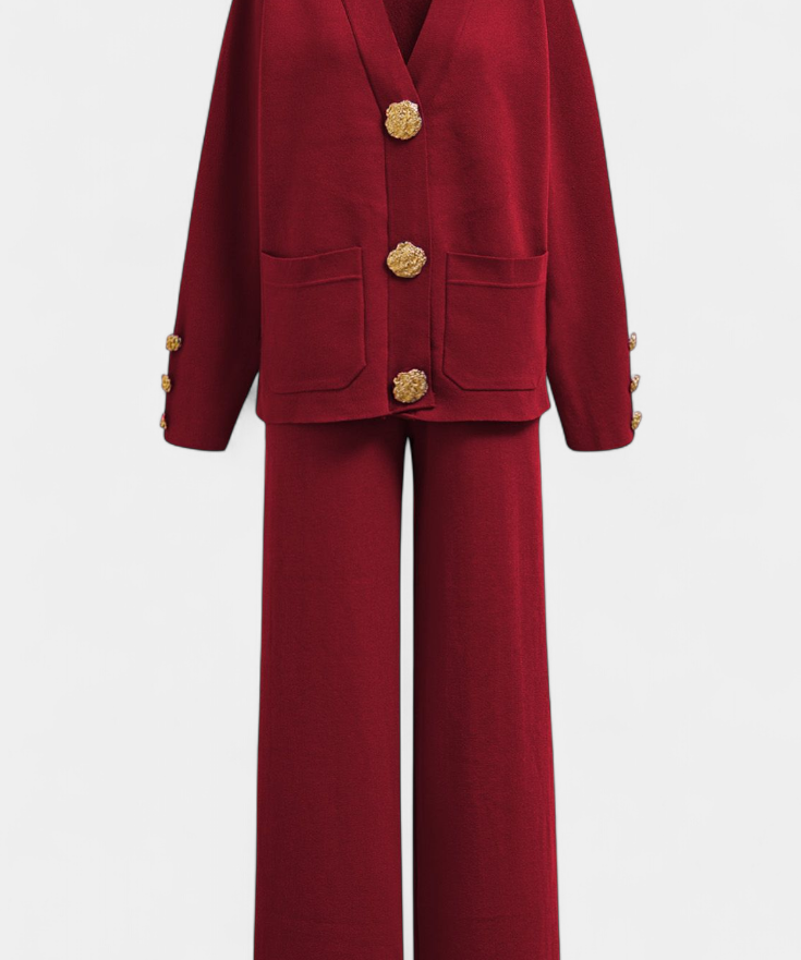 Aireen Classic Cardigan Set with Wide-Leg Trousers