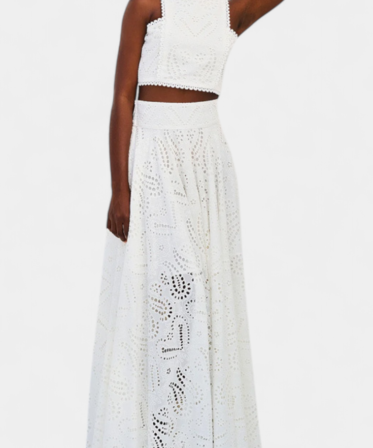 Danitza Floral Lace Two-Piece Set: Crop Top & Maxi Skirt
