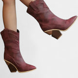 Soft Leather Western Ankle Boot with Pointed Toe and Chunky Heel