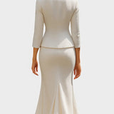 Natalina Chic Ecru Tailored Suit with Flowing Long Wrap Skirt
