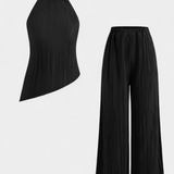 Pilarica Halter Neck Asymmetrical Top with Wide-Leg Pants Set