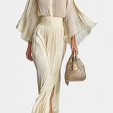 Valentine's Day Two-Piece Ensemble: High-Collar Pleated Top & Long Slit Skirt