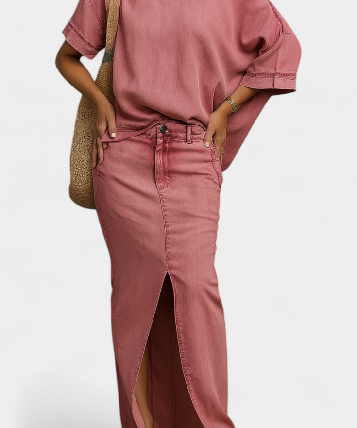 Apolonia Asymmetrical Denim Set with Long Skirt