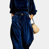 Riana Vintage Brown Velvet Hooded Ensemble with Relaxed Pants