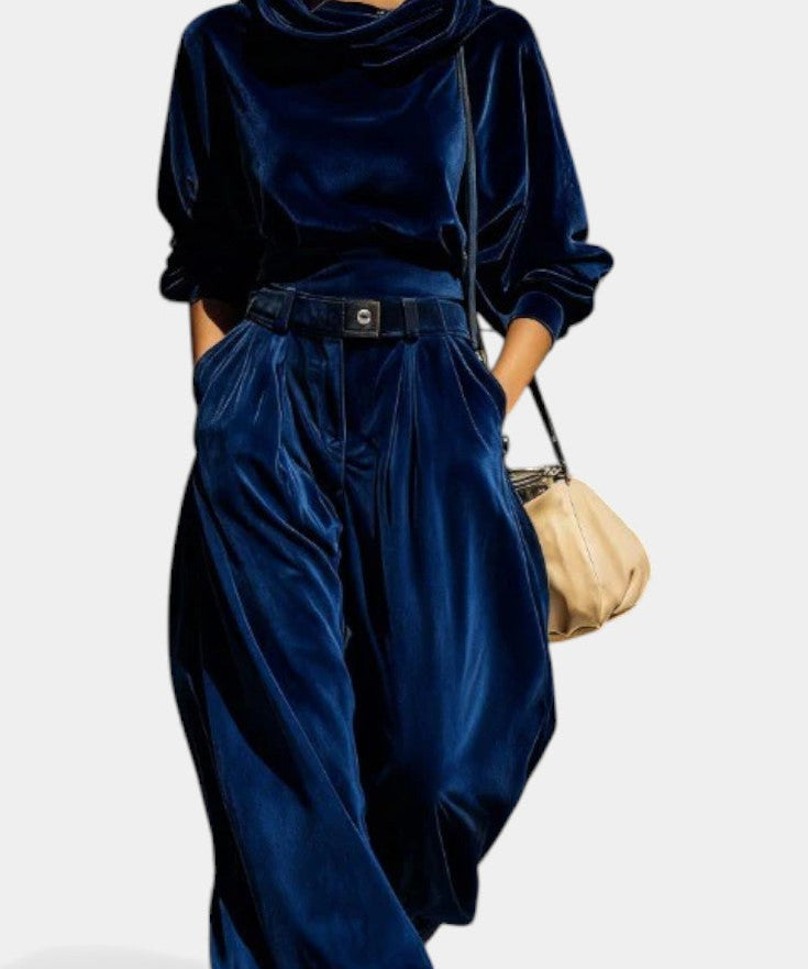 Riana Vintage Brown Velvet Hooded Ensemble with Relaxed Pants