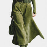 Atala Olive Off-the-Shoulder Top with Midi Suede Skirt Ensemble