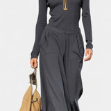 Azélina Dark Gray Set Featuring High Collar and Wide-Leg Trousers