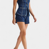 Raya Denim Ensemble: Sleeveless Jacket & High-Waisted Shorts