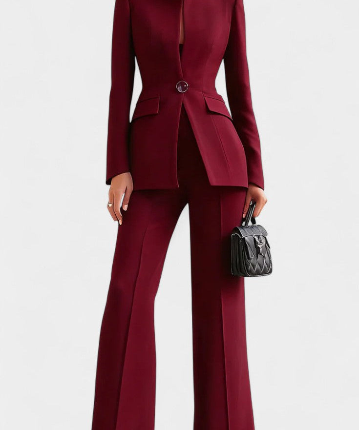 Elisabetta High-Collar Two-Piece Set with Wide-Leg Trousers