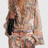 Elegant Paisley Print Ensemble with Charming Ruffled Blouse