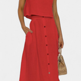 Naha Casual Cotton Ensemble with Center Button Detail and Midi Skirt