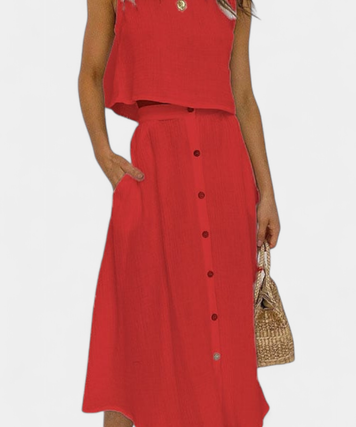 Naha Casual Cotton Ensemble with Center Button Detail and Midi Skirt