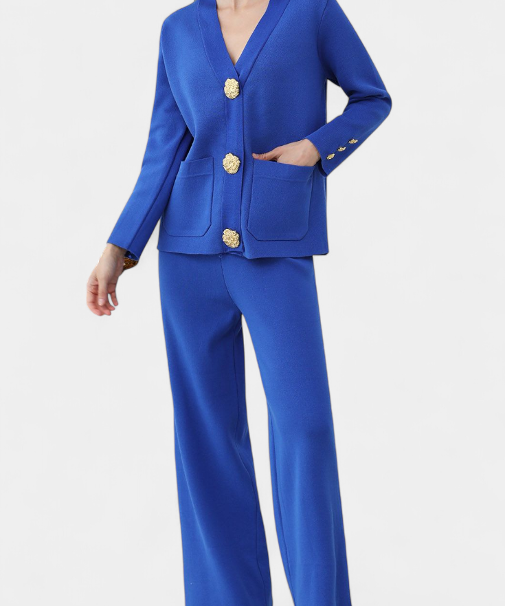 Aireen Classic Cardigan Set with Wide-Leg Trousers