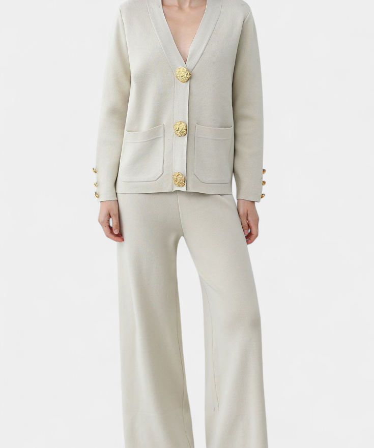Aireen Classic Cardigan Set with Wide-Leg Trousers