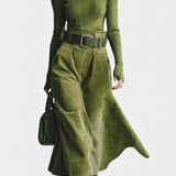 Atala Olive Off-the-Shoulder Top with Midi Suede Skirt Ensemble