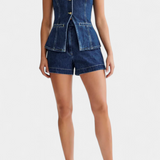 Raya Denim Ensemble: Sleeveless Jacket & High-Waisted Shorts