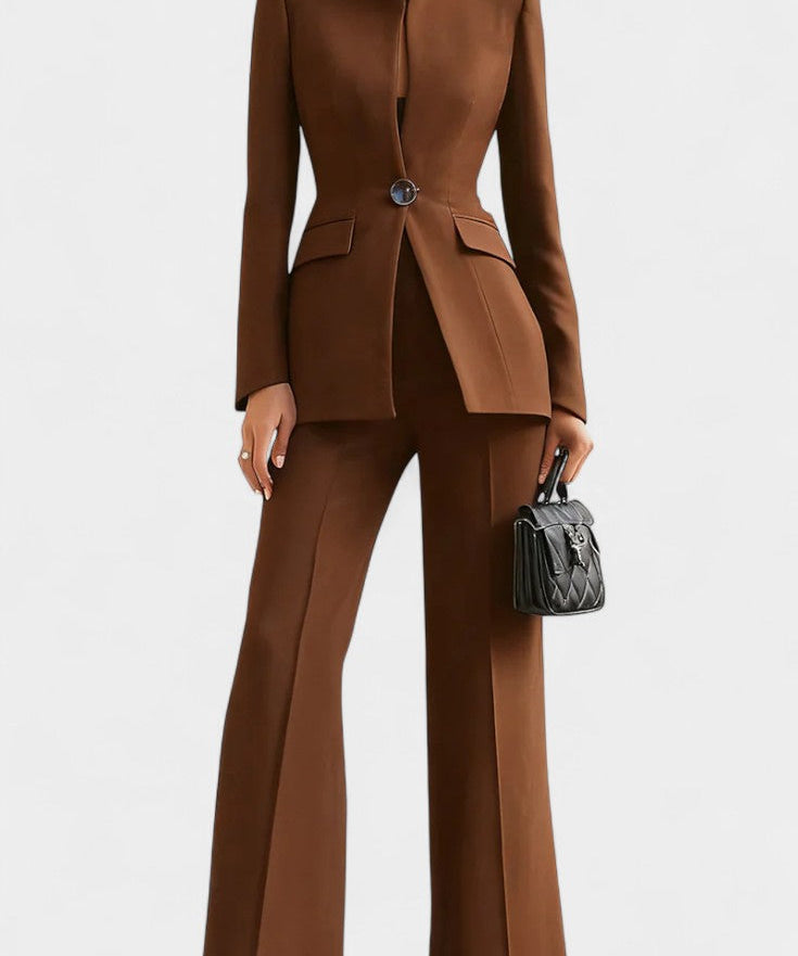Elisabetta High-Collar Two-Piece Set with Wide-Leg Trousers
