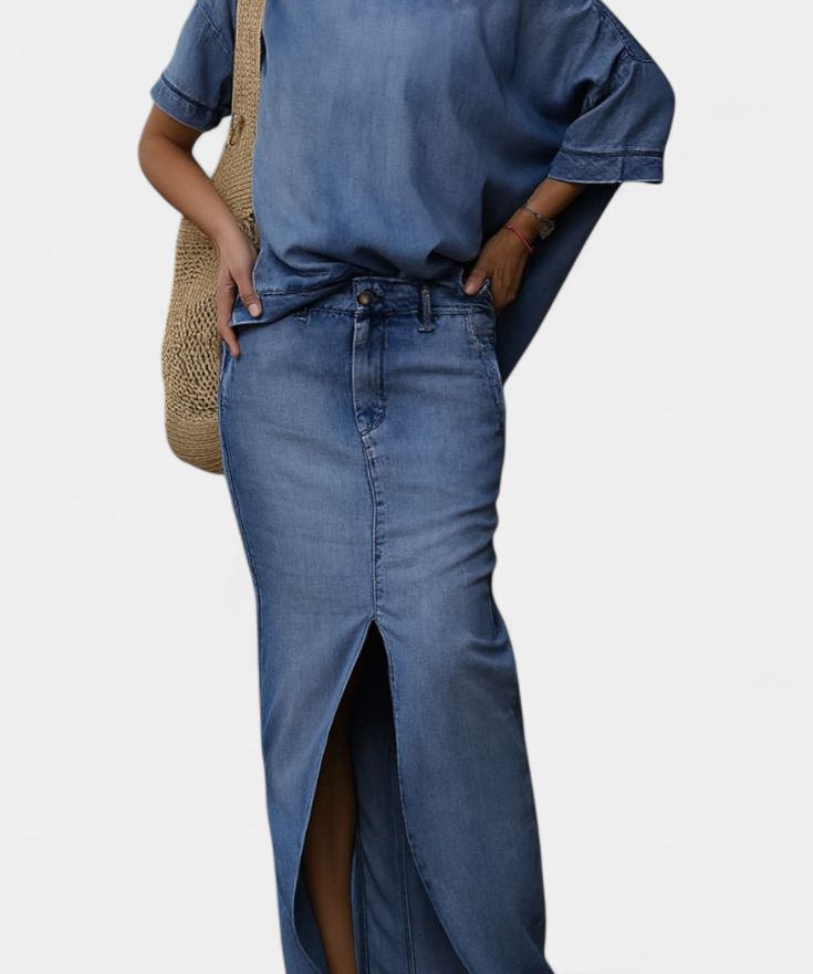 Apolonia Asymmetrical Denim Set with Long Skirt
