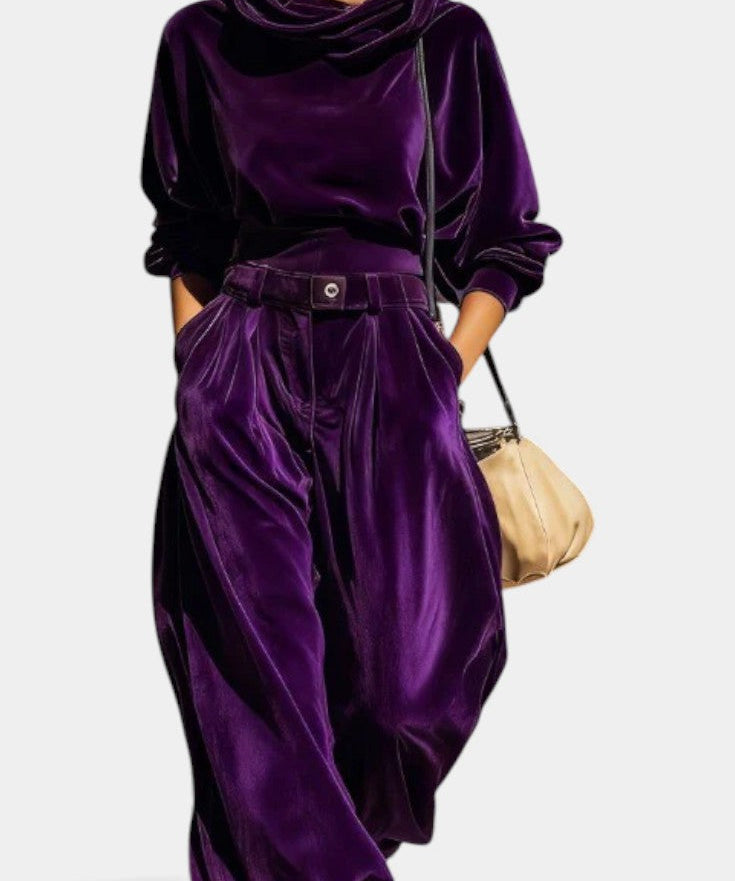 Riana Vintage Brown Velvet Hooded Ensemble with Relaxed Pants