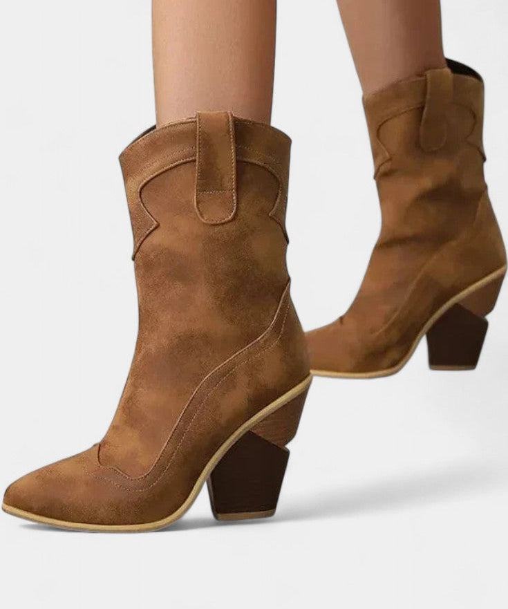 Soft Leather Western Ankle Boot with Pointed Toe and Chunky Heel