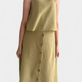 Naha Casual Cotton Ensemble with Center Button Detail and Midi Skirt