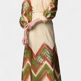 Avenza Puff Sleeve Bodysuit with Chevron Print Midi Skirt