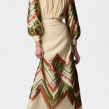 Avenza Puff Sleeve Bodysuit with Chevron Print Midi Skirt