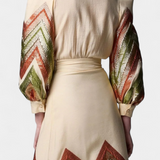 Avenza Puff Sleeve Bodysuit with Chevron Print Midi Skirt
