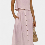 Naha Casual Cotton Ensemble with Center Button Detail and Midi Skirt