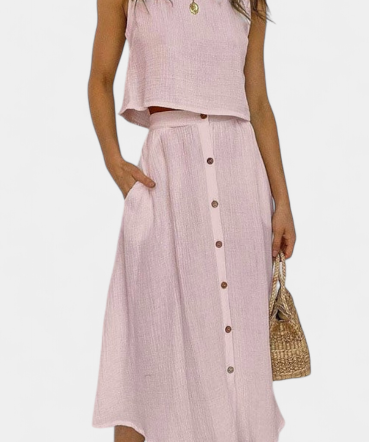 Naha Casual Cotton Ensemble with Center Button Detail and Midi Skirt
