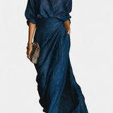 Ziya Dark Blue Outfit Featuring a Light Shirt and Elegant Flowing Maxi Skirt