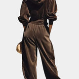 Riana Vintage Brown Velvet Hooded Ensemble with Relaxed Pants
