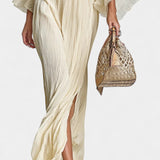 Valentine's Day Two-Piece Ensemble: High-Collar Pleated Top & Long Slit Skirt