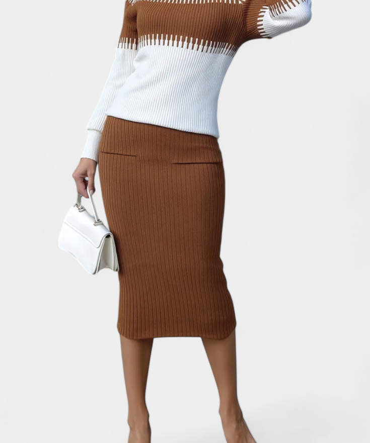 Sidonie Two-Tone Long Sleeve Midi Knit Dress Ensemble