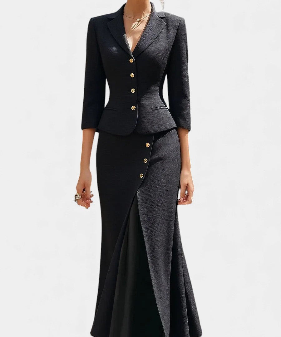 Natalina Chic Ecru Tailored Suit with Flowing Long Wrap Skirt